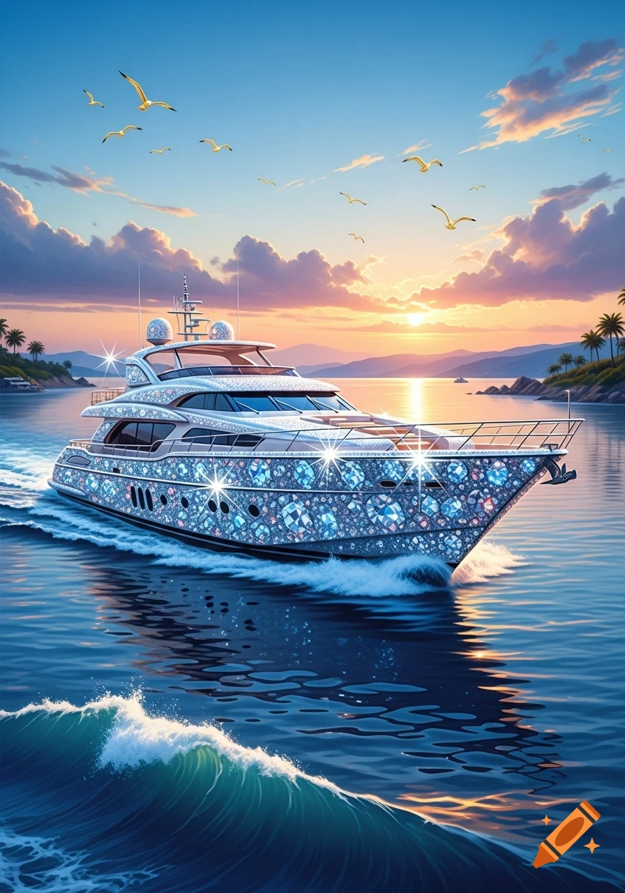 A luxurious diamond-studded yacht cruises on calm blue water at sunset, with palm trees on islands and seagulls flying in the sky.