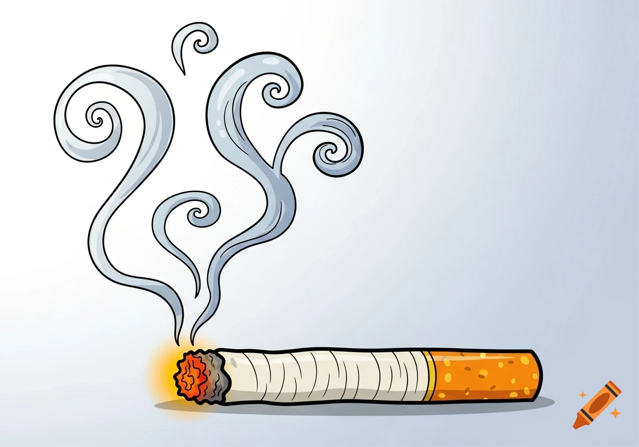 Cartoon illustration of a lit cigarette with smoke curling upwards on a light gray background.