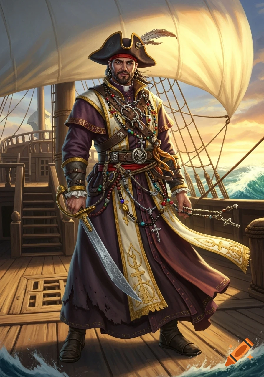 A stern pirate priest in a tricorn hat, purple robes, and rosaries, holds a sword on a ship's deck at sunset.