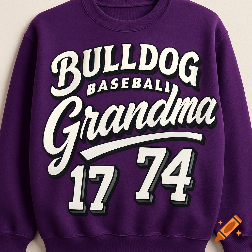 A purple sweatshirt featuring white, black, and gray text that reads 'BULLDOG BASEBALL Grandma' and numbers '17 74'.