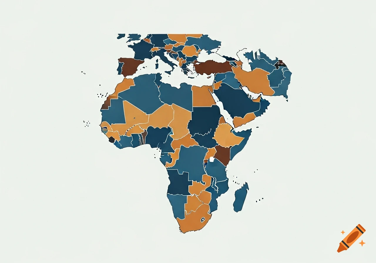 A stylized political map depicting Africa, Europe, and parts of Asia, divided into territories with thick lines and plain blue, orange, and brown colors.