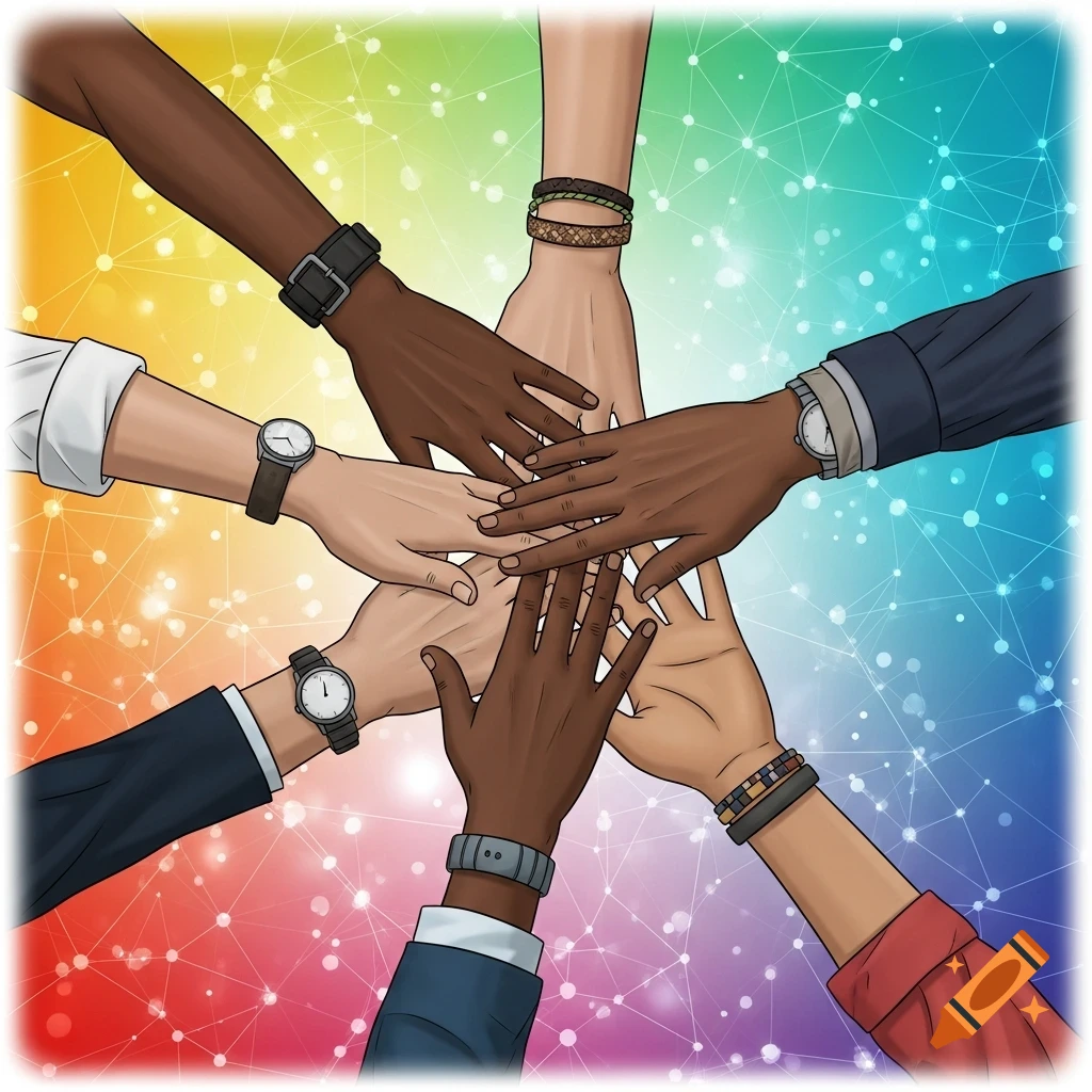 Illustration of diverse hands stacked in unity against a vibrant, colorful network background, symbolizing teamwork.
