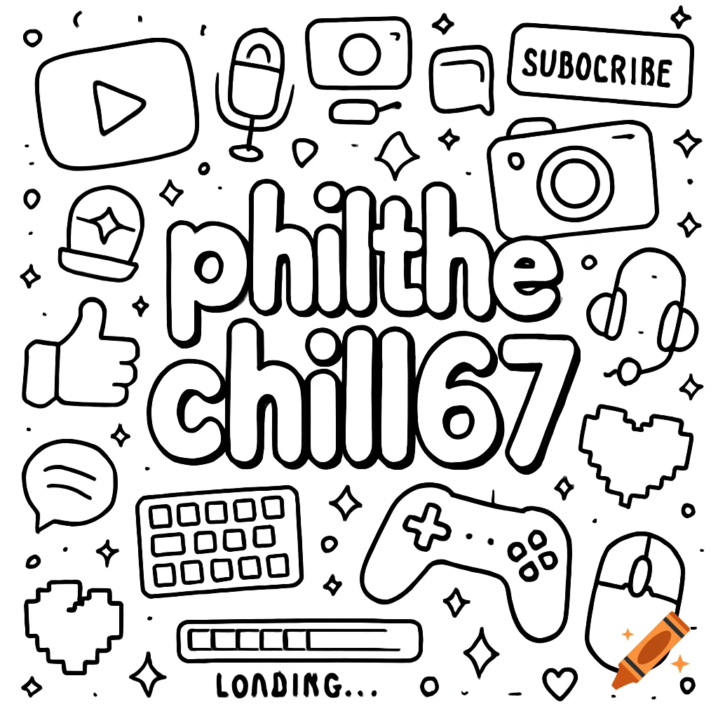A black-and-white coloring page style illustration featuring "philthechill67" in bubble letters surrounded by YouTube and gaming icons like a controller, microphone, and a 'subocribe' button.