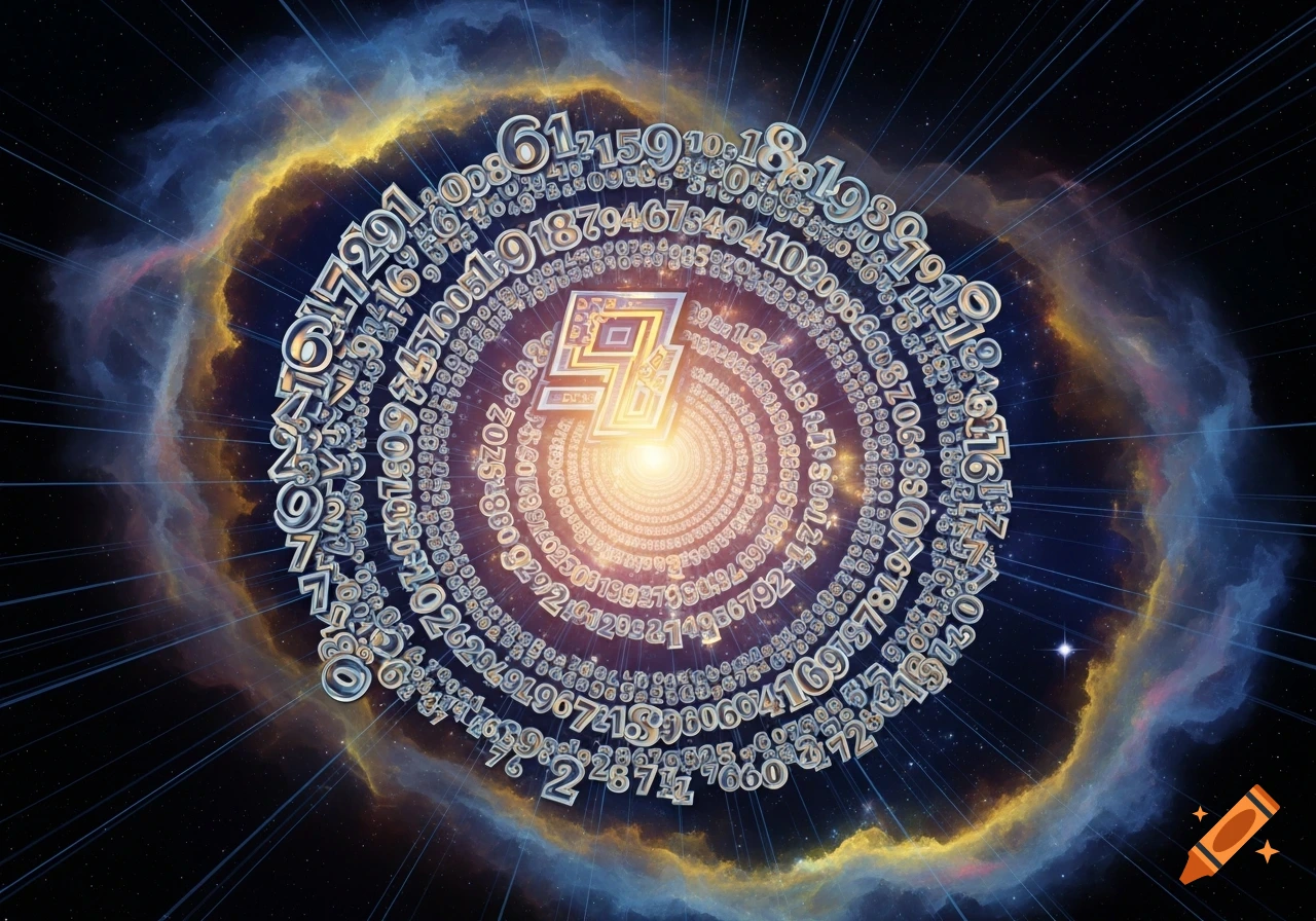 Abstract image with a spiral of metallic numbers against a cosmic background with a bright central light and colorful nebulae.