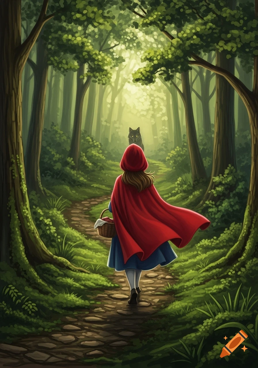 Little Red Riding Hood walks on a forest path, a wolf watches from the background in a lush, illustrative style.
