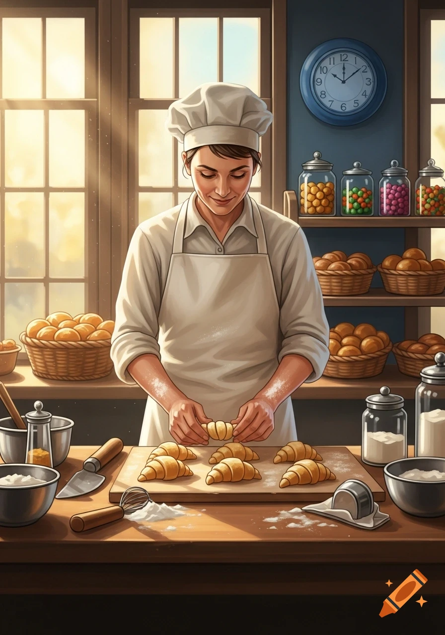 A baker smiles while shaping croissants on a wooden counter in a sunlit bakery kitchen, surrounded by baskets of bread and ingredients.