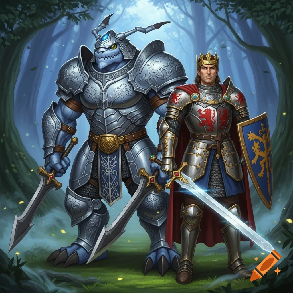 An illustration of a crowned human knight and a large blue armored beast, both holding swords, standing in a magical forest.