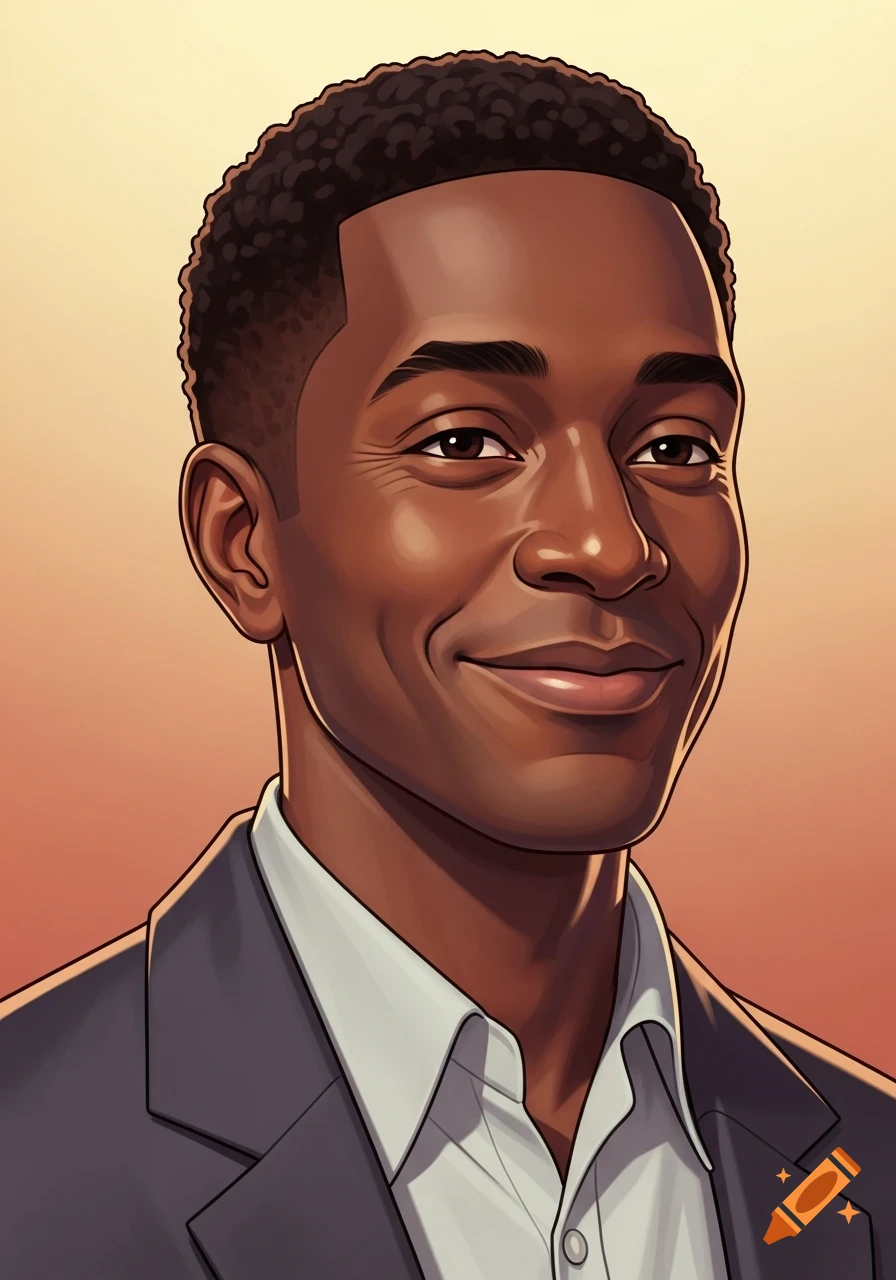 Illustrated portrait of a smiling Black man in a suit.