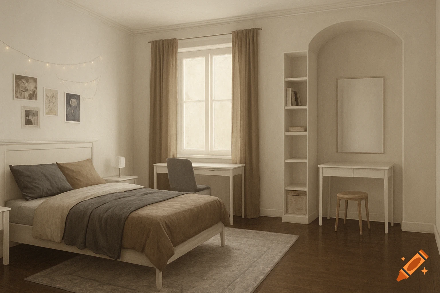 A cozy bedroom with a white bed, brown and gray bedding, a white desk with a gray chair, and a vanity with a stool in an arched niche. Fairy lights and framed pictures adorn the wall.