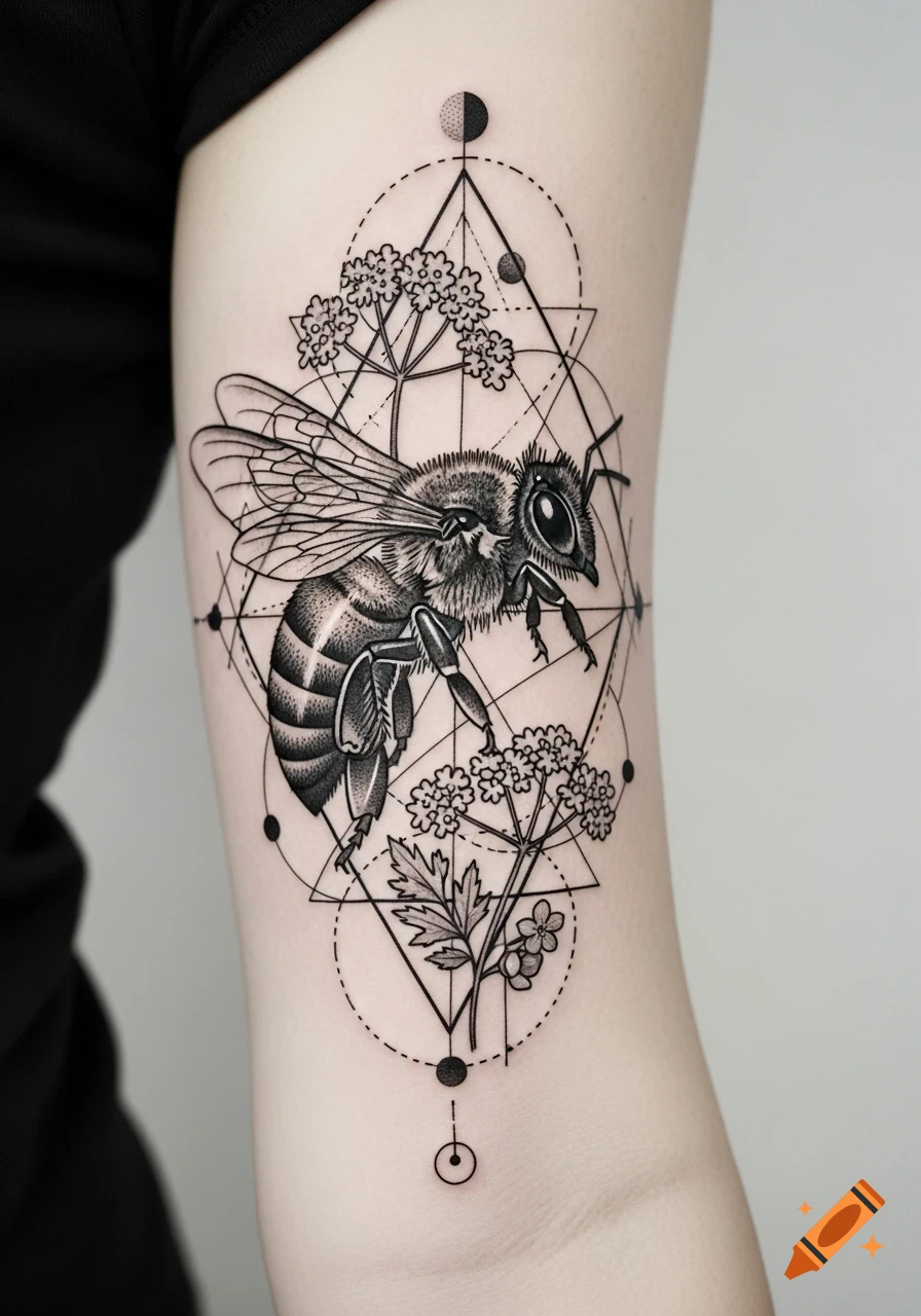 Black and gray geometric fine line realism tattoo of a honey bee and flowers on an arm.