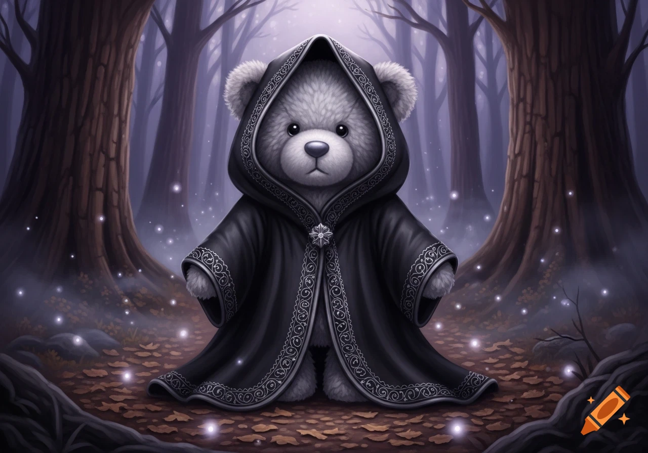 A gray teddy bear wearing a black, hooded wizard's robe with ornate silver trim stands in a magical, misty forest with glowing light orbs.