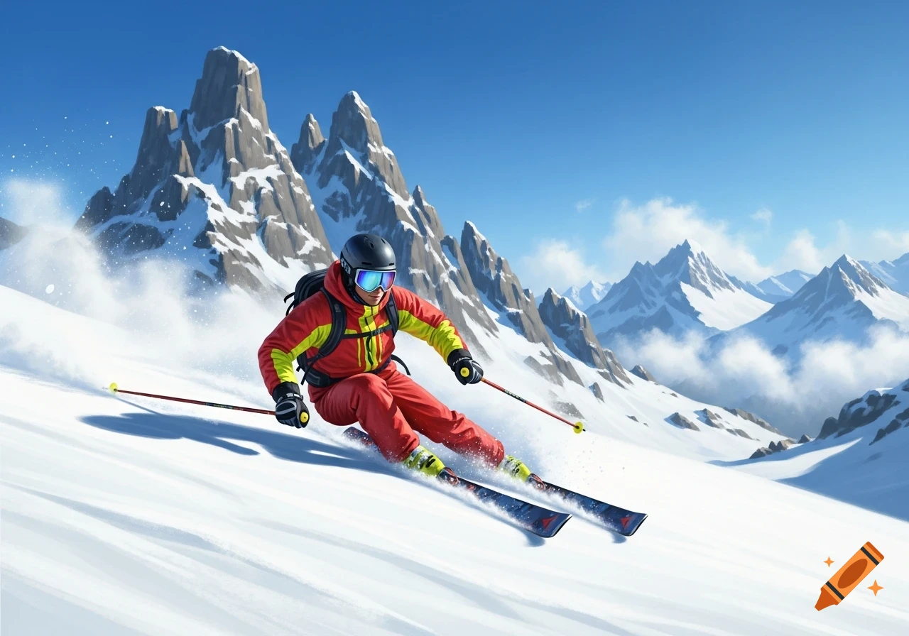 A skier in a red and yellow suit descends a snowy mountain slope under a blue sky, with jagged peaks in the background.