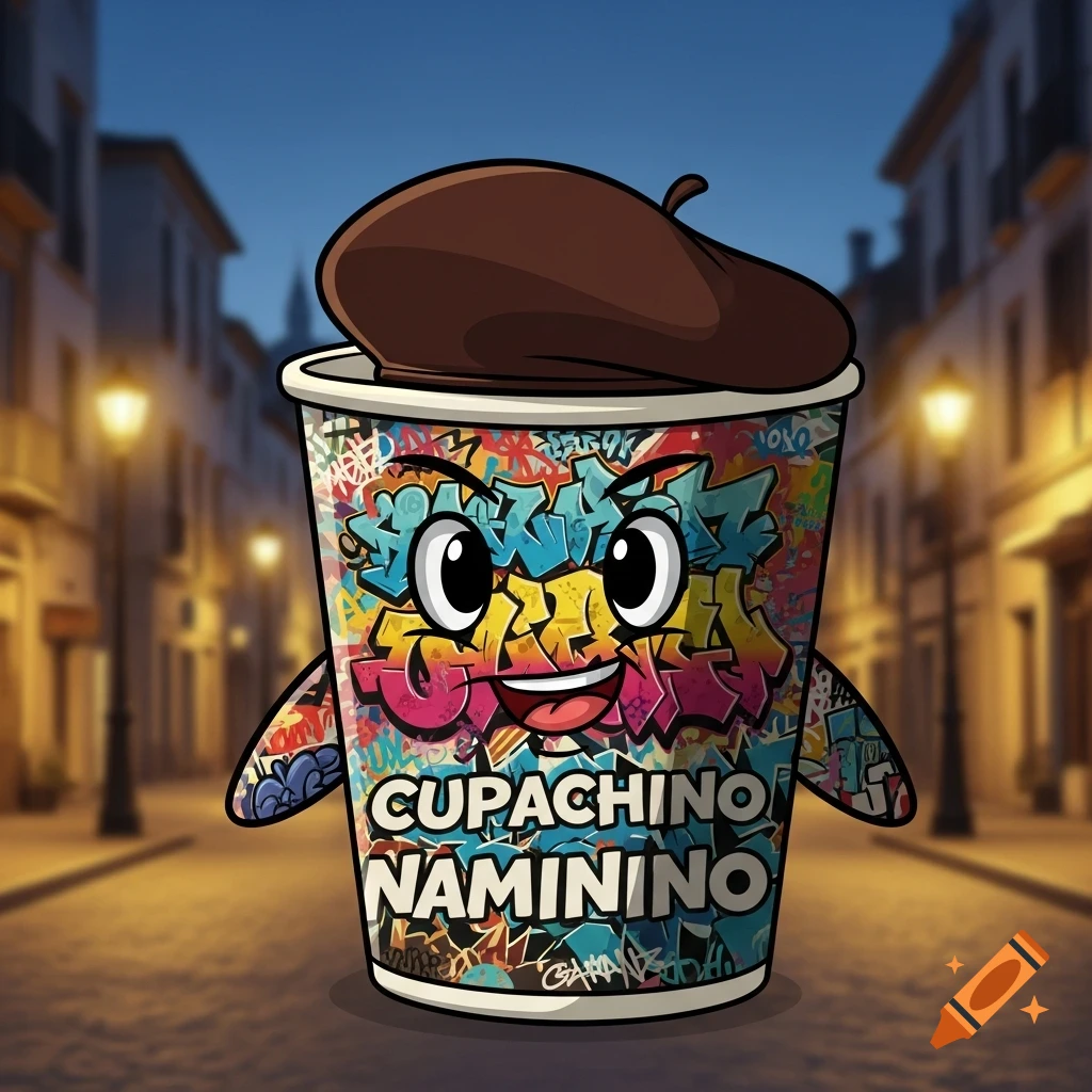 A cartoon coffee cup mascot covered in colorful graffiti, reading "CUPACHINO NAMININO", wearing a brown beret, on a cobblestone street at dusk.