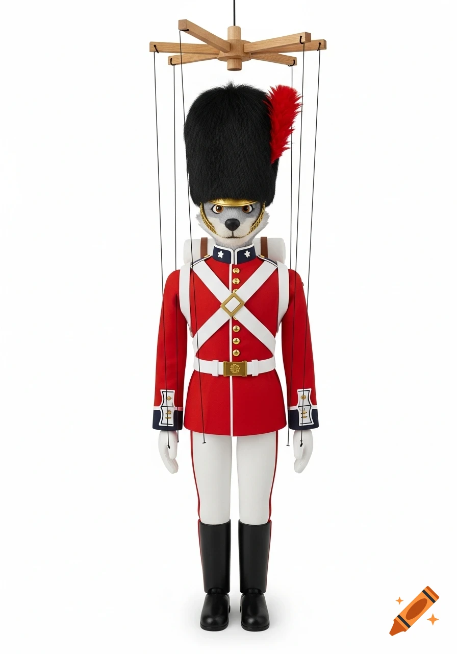 A cartoon-style silver-furred dog marionette in a red and white guard uniform with a black bearskin hat, standing against a white background.