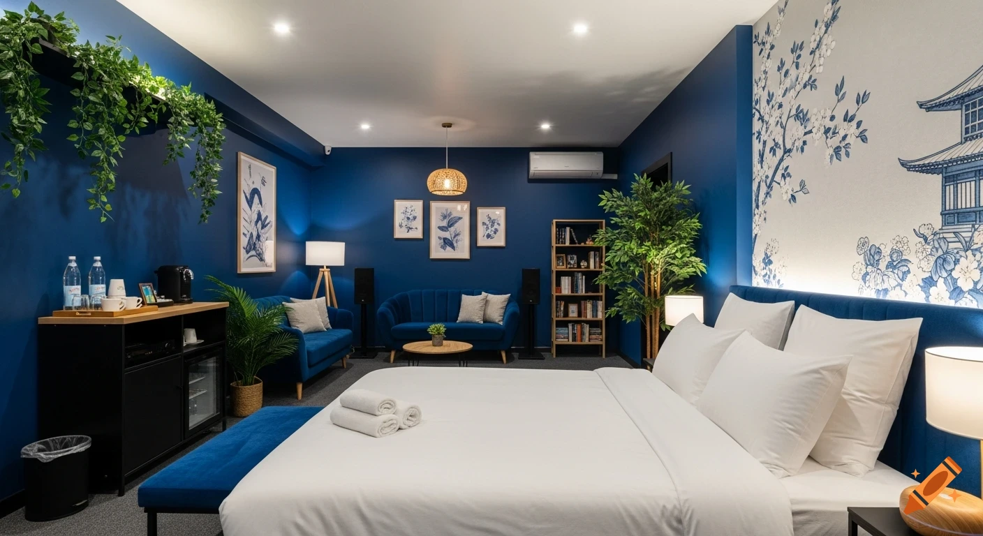 A modern bedroom with dark royal blue walls, a white bed, and a blue velvet loveseat, featuring a Japanese nature mural.