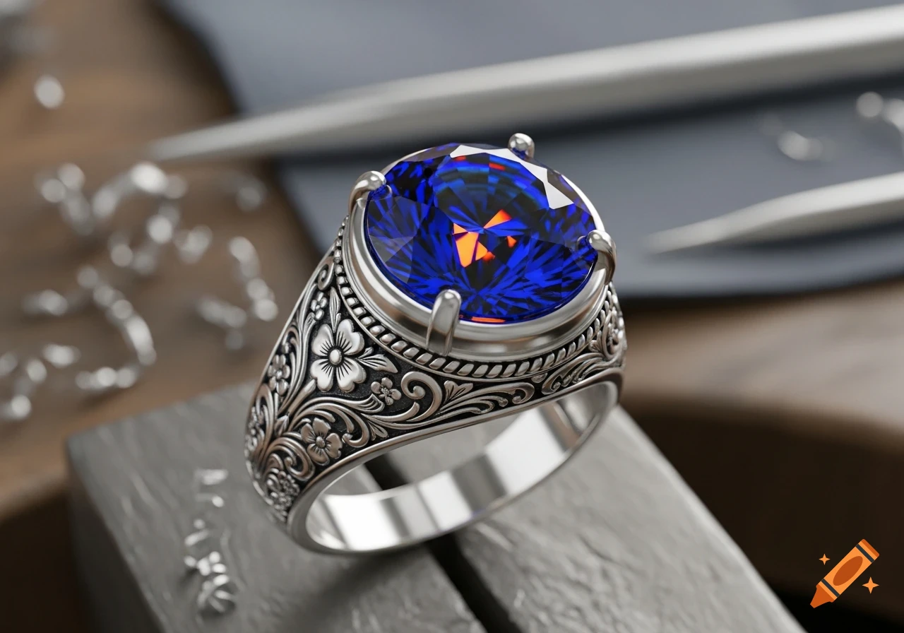 Close-up of an ornate silver ring with a large, faceted oval blue sapphire gemstone, resting on a textured gray surface.