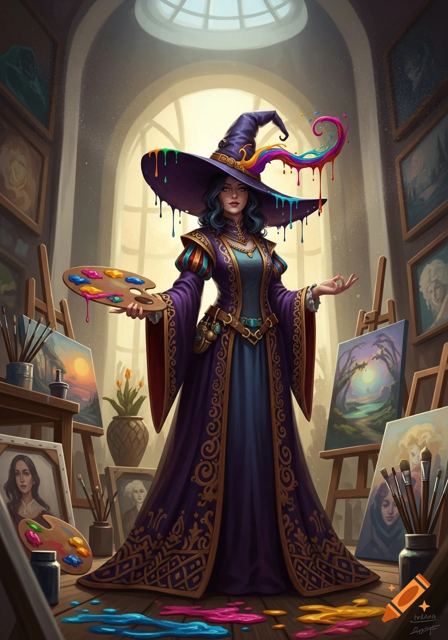 A witch with a paint-splattered hat holds an artist's palette in a vibrant art studio, surrounded by paintings.