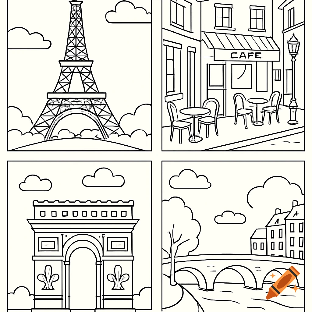 A four-panel coloring book page featuring line art of the Eiffel Tower, a Parisian cafe, the Arc de Triomphe, and a bridge over a river.