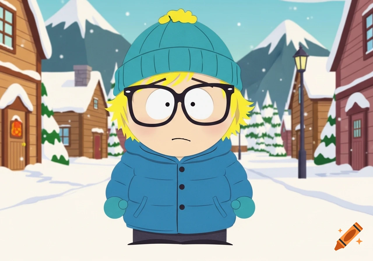 A blonde-haired South Park-style kid with black glasses and a blue puffy coat stands in a snowy village.