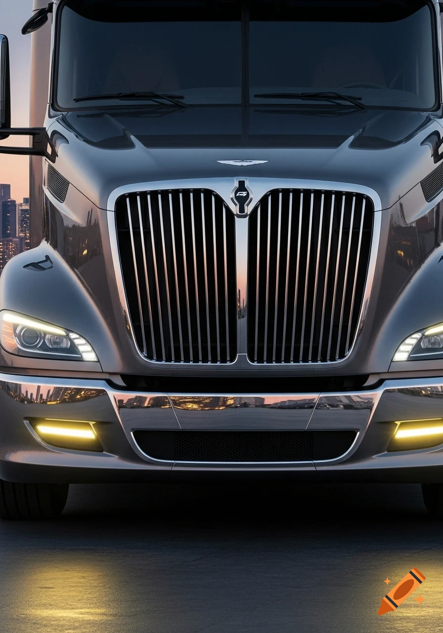 Close-up front view of a sleek, modern gray semi-truck with its headlights and fog lights on, a cityscape faintly in the background.
