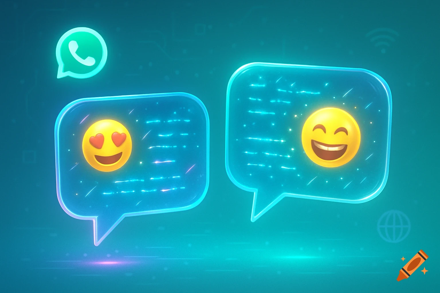 Two glowing blue chat bubbles with heart-eyes and laughing emojis, and a WhatsApp logo on a digital blue background.