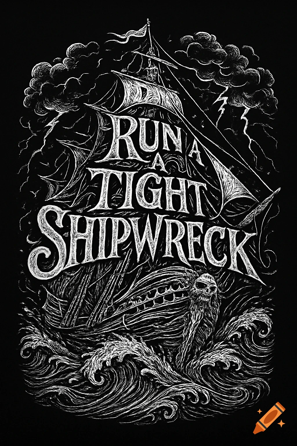 Black and white illustration of a stormy sea with a sailing ship, a shipwreck, and a skull, featuring the text 'RUN A TIGHT SHIPWRECK' in a metal/tattoo art style.