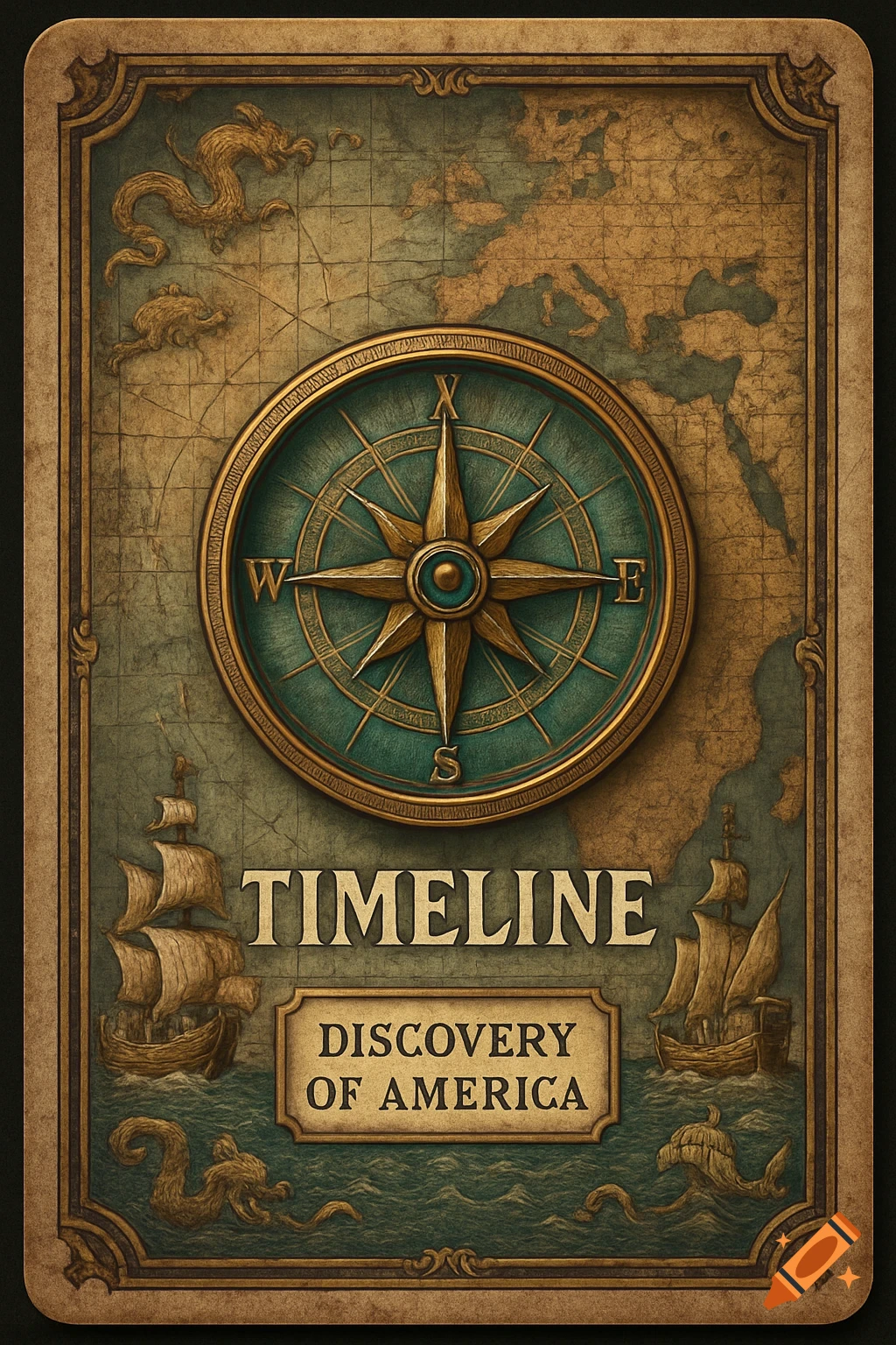 Vintage game card featuring an old map, compass, sailing ships, and text 'TIMELINE DISCOVERY OF AMERICA'.