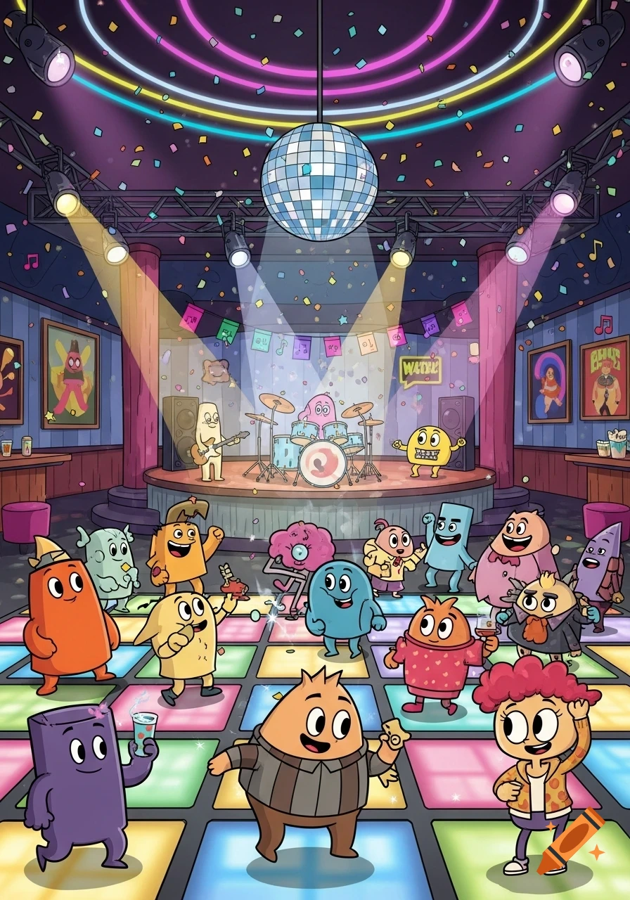 Colorful cartoon characters dance and a band plays on a stage in a vibrant disco with a mirrored ball and neon lights.