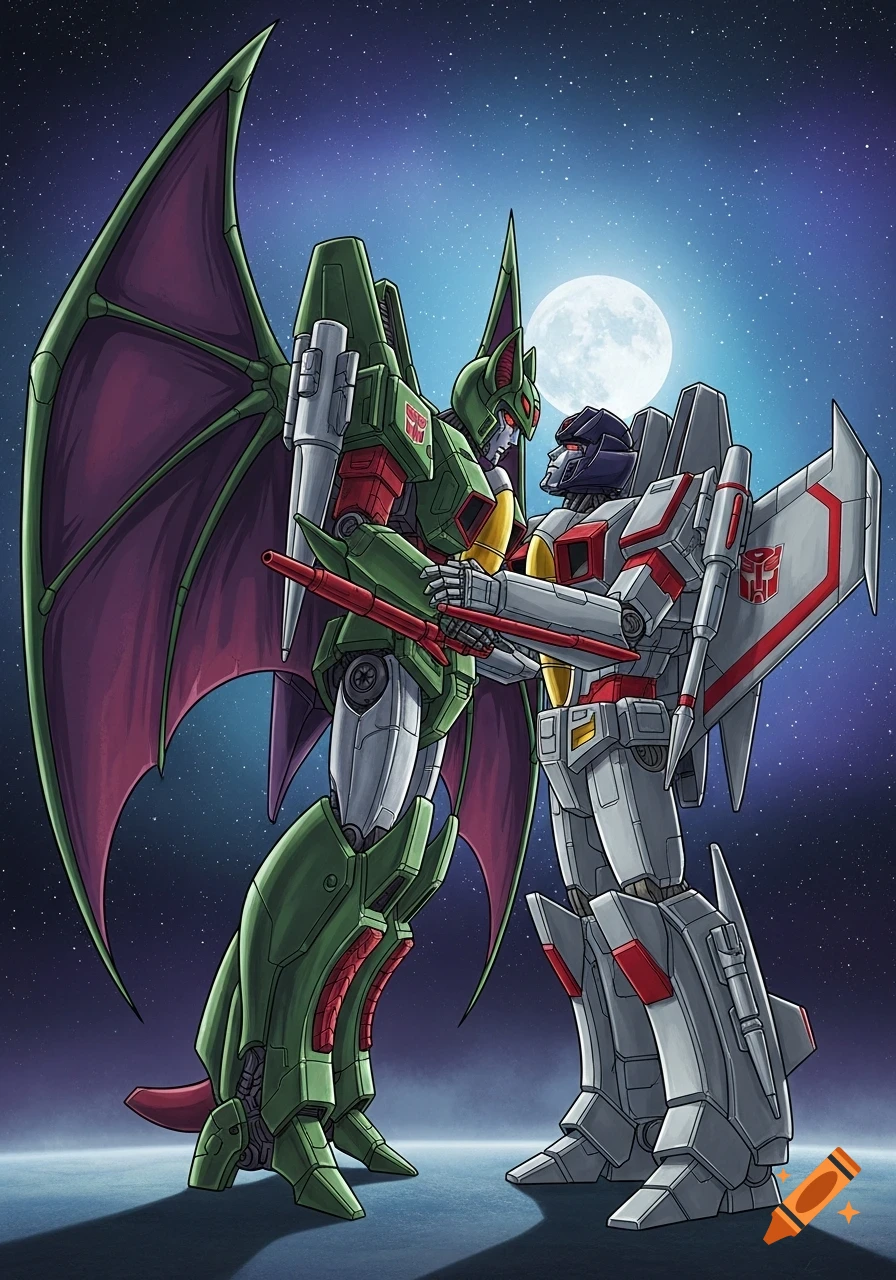 A green bat-winged Transformers OC embraces a grey Starscream under a full moon in a starry night sky, in a comic book style.