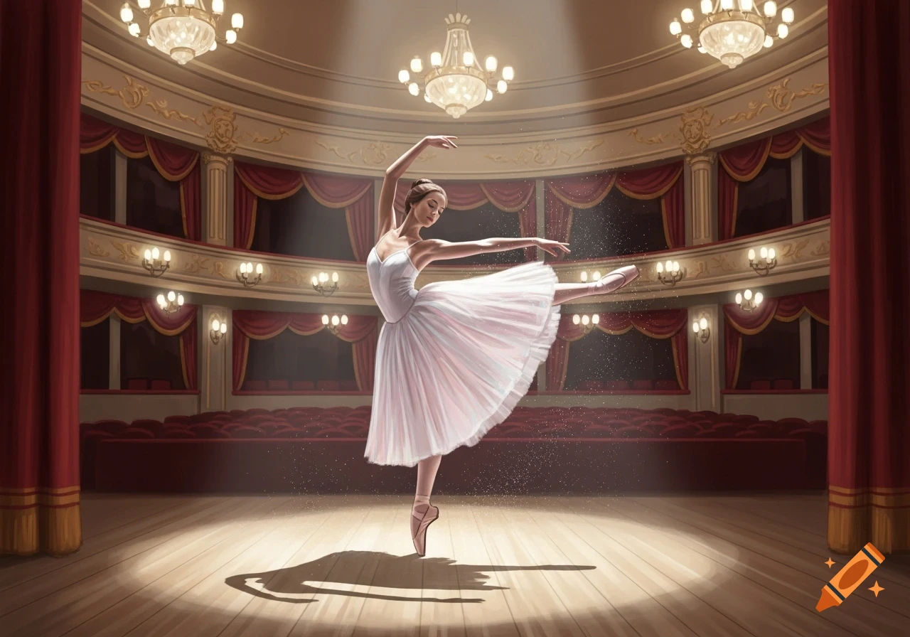 A ballerina in a white tutu dances on a spotlighted stage in a grand theater with red seats and chandeliers.