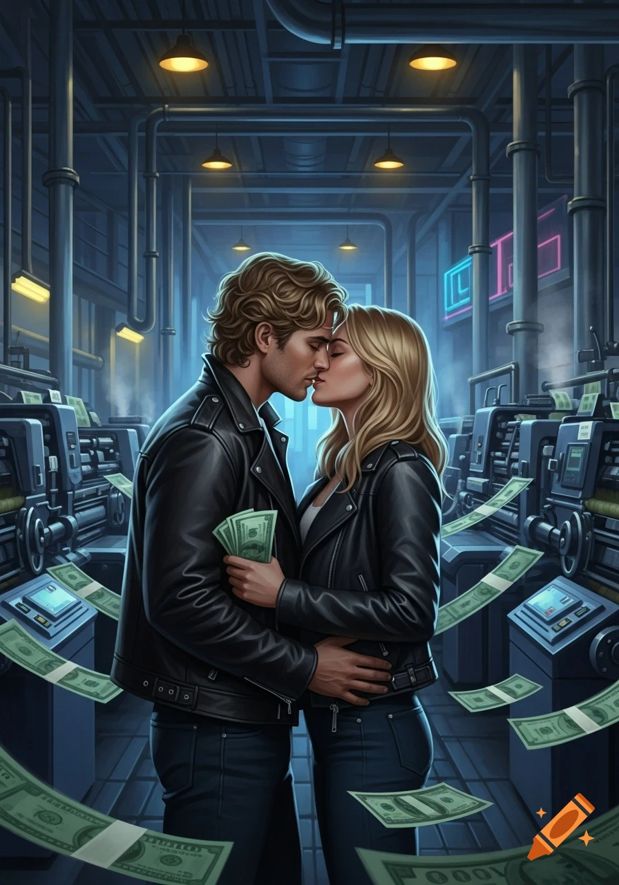 A blond man and woman in black leather jackets kiss amidst falling money in a dark, industrial money printing facility.