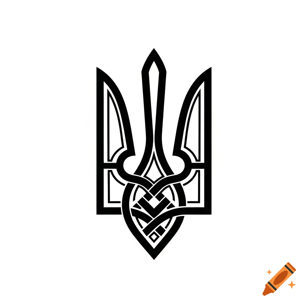 Black stylized trident symbol with geometric interlacing knotwork on a white background.