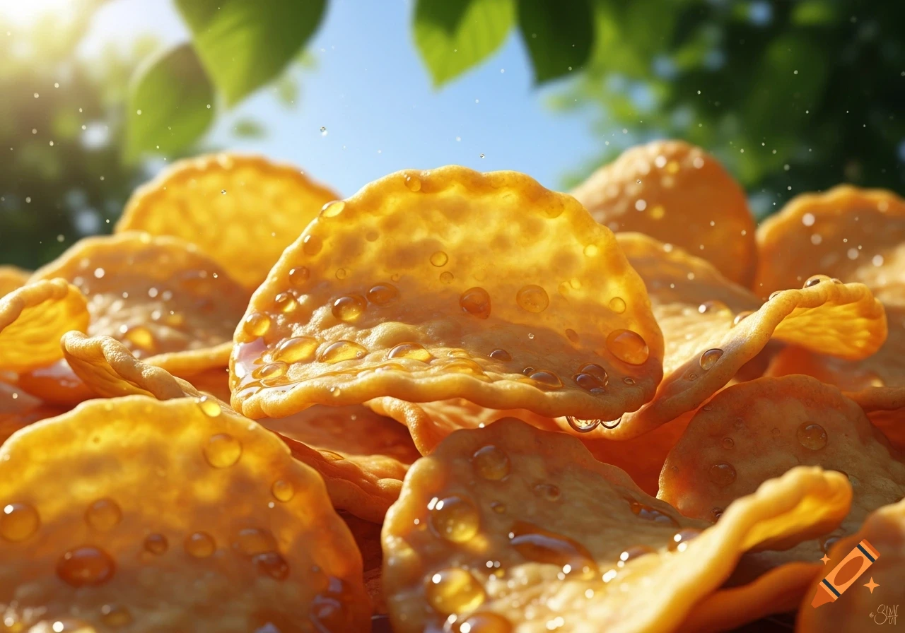 Close-up of golden, wavy snack chips with glistening syrup droplets, blurred green leaves and blue sky in background.