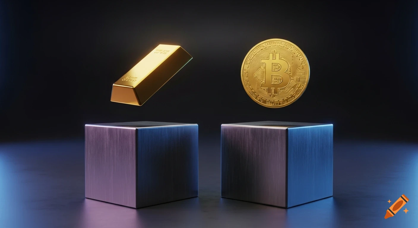 A glowing golden Bitcoin and a radiant polished gold bar float above two metallic cube pedestals on a dark, glossy studio floor with neon reflections.