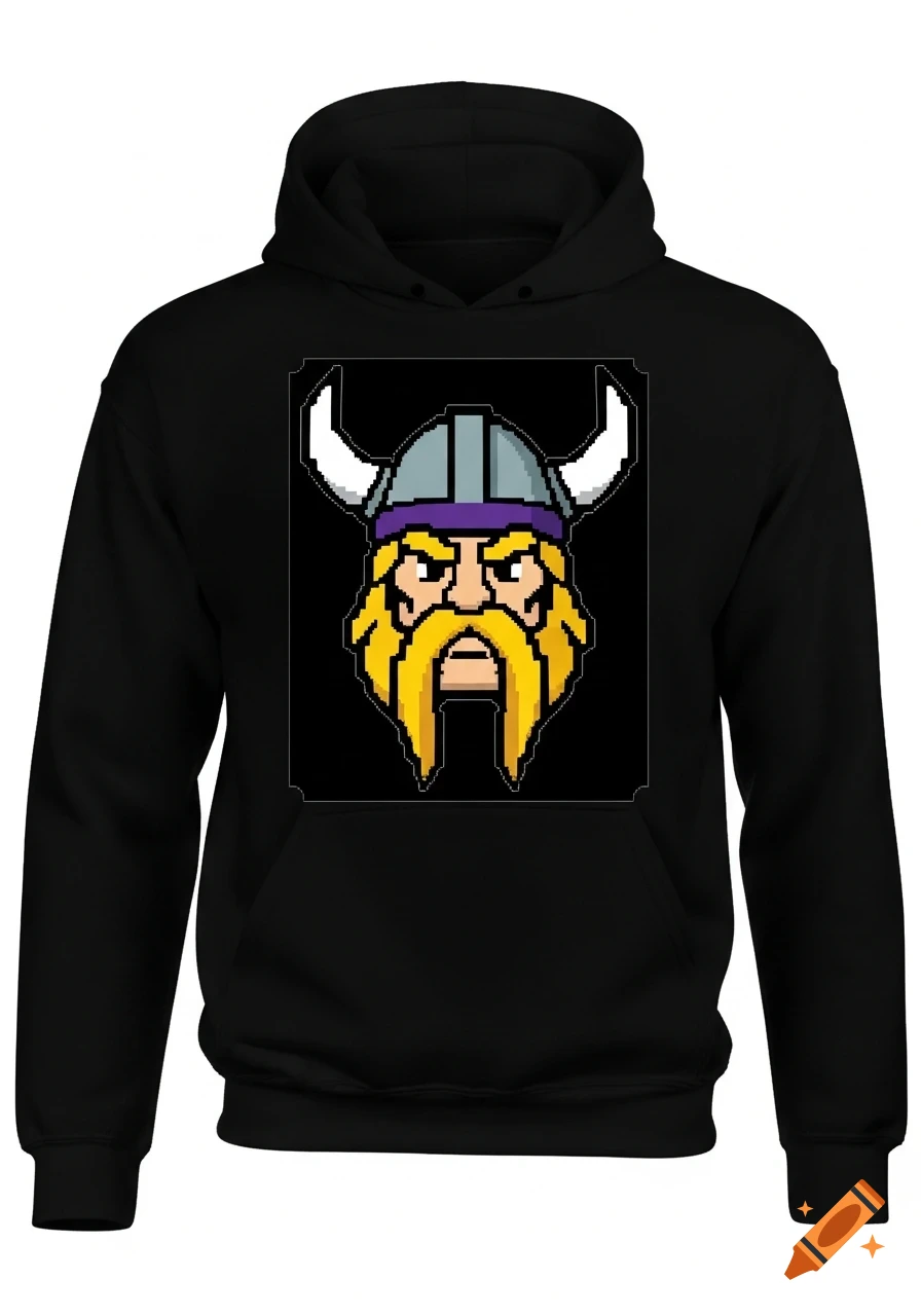 Black hoodie with a pixel art Viking mascot head featuring a gray helmet, white horns, and golden-yellow beard.