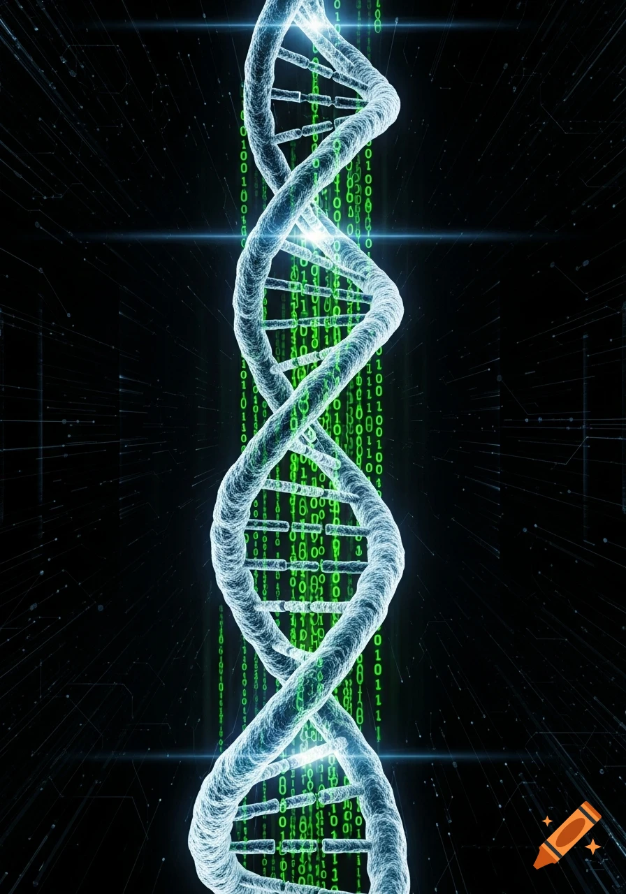 A glowing DNA helix stands vertically against a dark background with falling green binary code.
