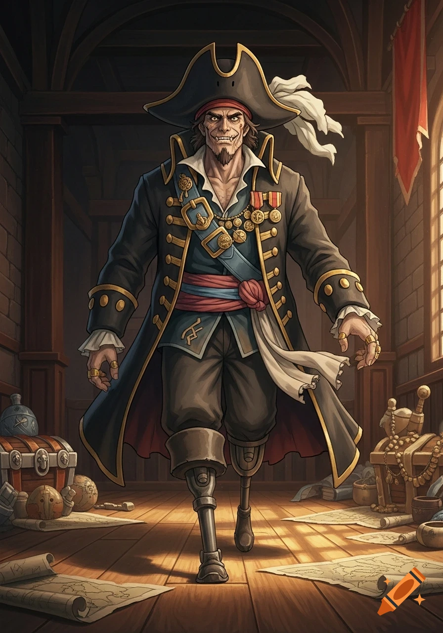 A grimacing pirate king with a peg leg and elaborate outfit stands in a chamber filled with maps and treasure, in a painterly style.