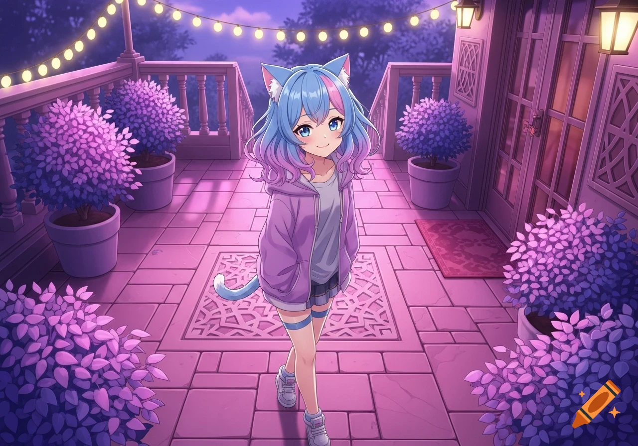 Anime girl with blue and pink hair, cat ears, and a tail stands smiling on a pink-purple patio with string lights and potted plants.