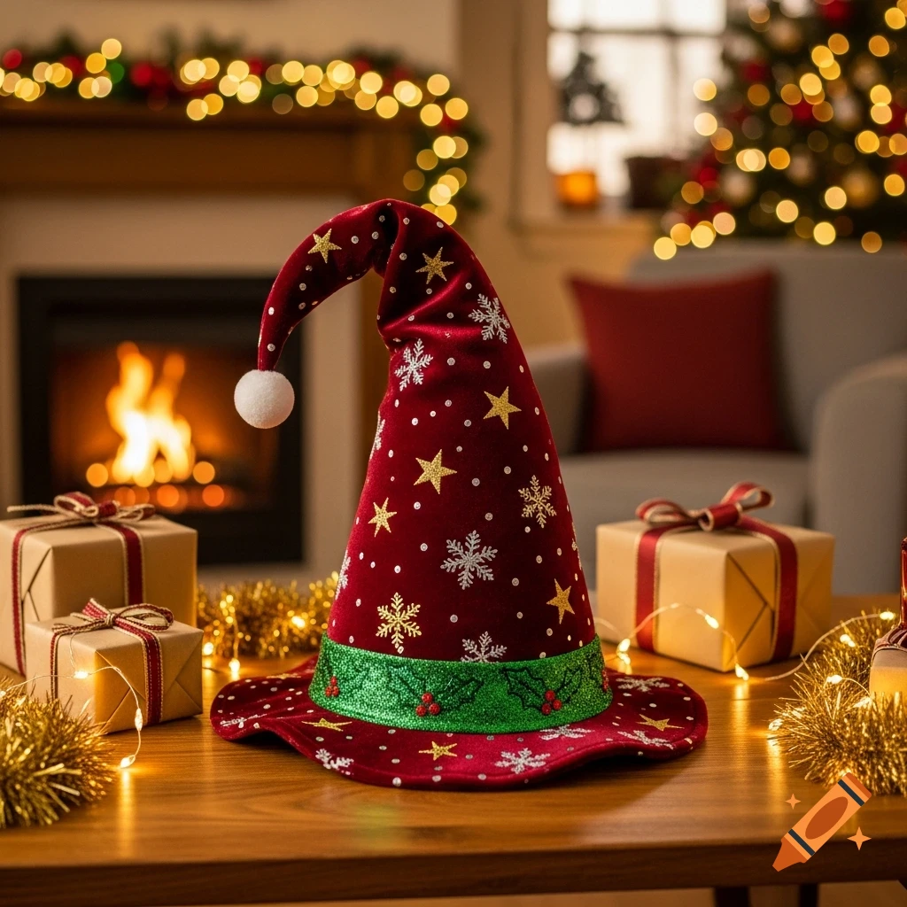 A red velvet Christmas wizard hat with gold stars and silver snowflakes, surrounded by festive gifts and fairy lights, in front of a fireplace.