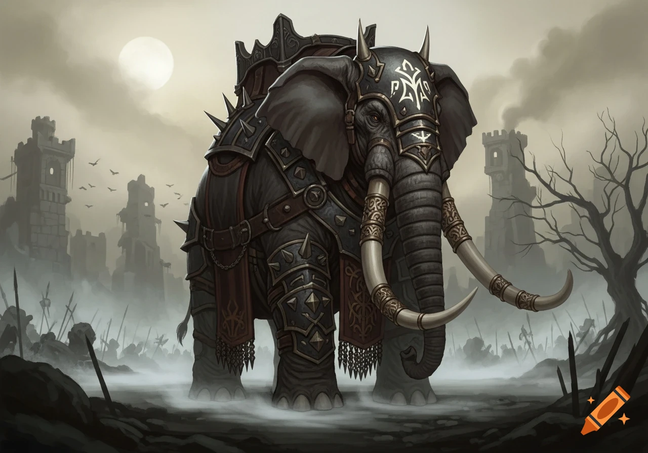 An armored war elephant with spikes and ornate patterns stands in a misty, desolate fantasy landscape with ruined towers.