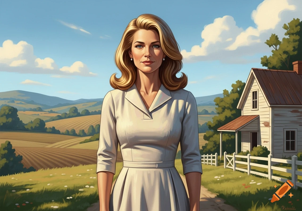 Illustration of a blonde woman in a light dress standing on a path in front of a white farmhouse and fields under a blue sky.