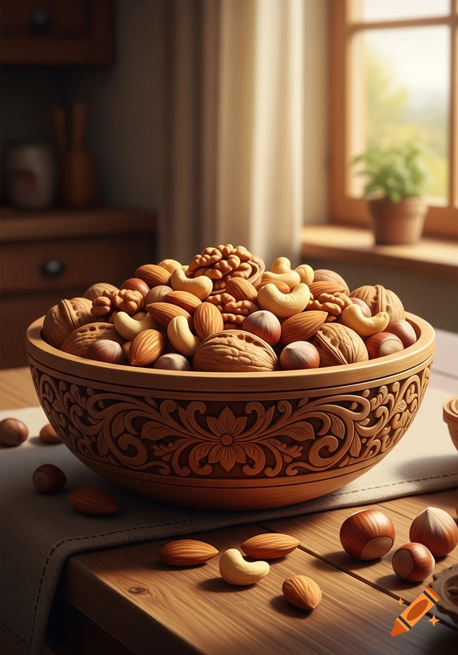 A wooden bowl overflowing with a mix of walnuts, almonds, cashews, and hazelnuts on a rustic wooden table by a window.