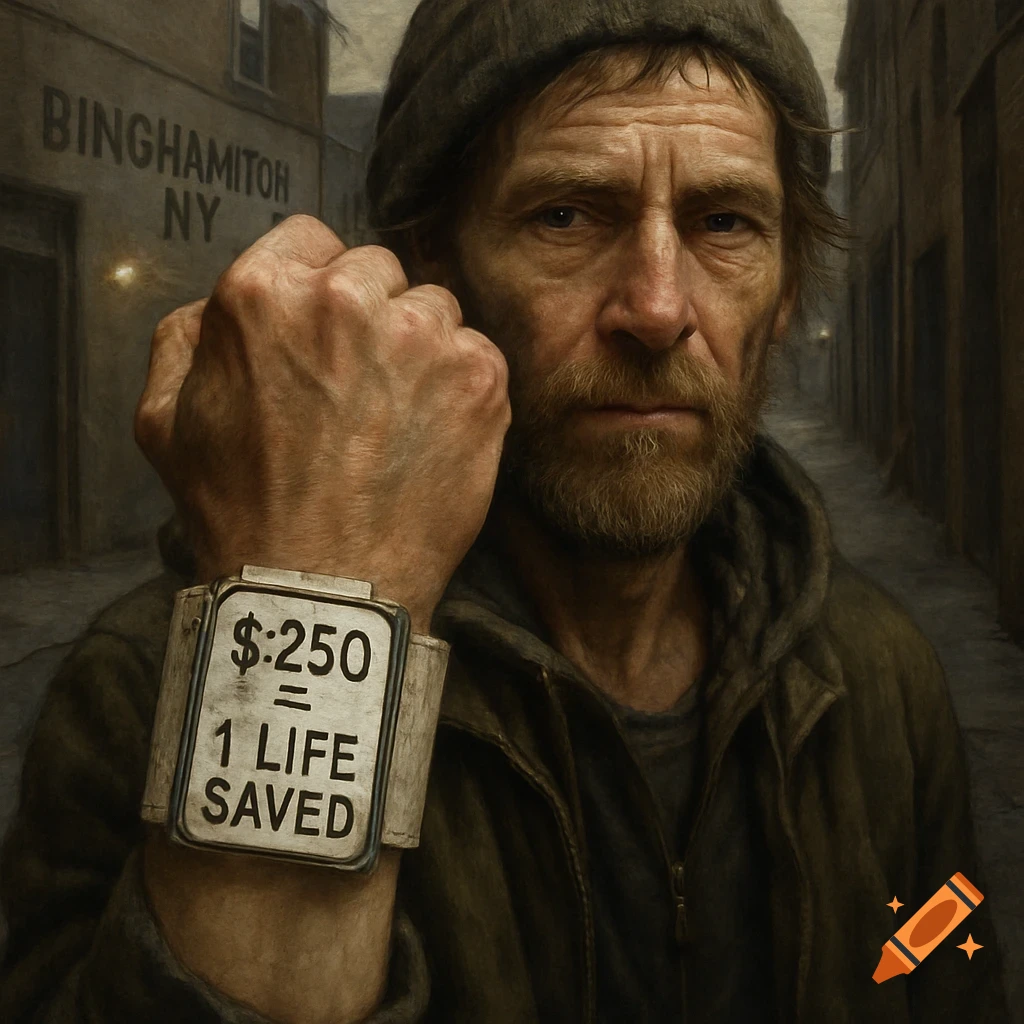 A close-up, photorealistic portrait of a grizzled man with a beard, wearing a beanie and a jacket, holding up his fist to show a blocky smartwatch. The watch face reads ":250 = 1 LIFE SAVED." In the blurry background, a building sign reads "BINGHAMITON NY." The image has a gritty, emotional tone.
