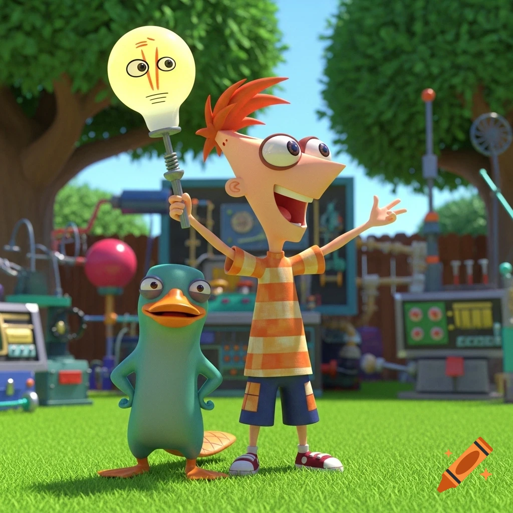 Excited Phineas holds a glowing, faced lightbulb next to Perry the Platypus in a vibrant 3D animated backyard with inventions.