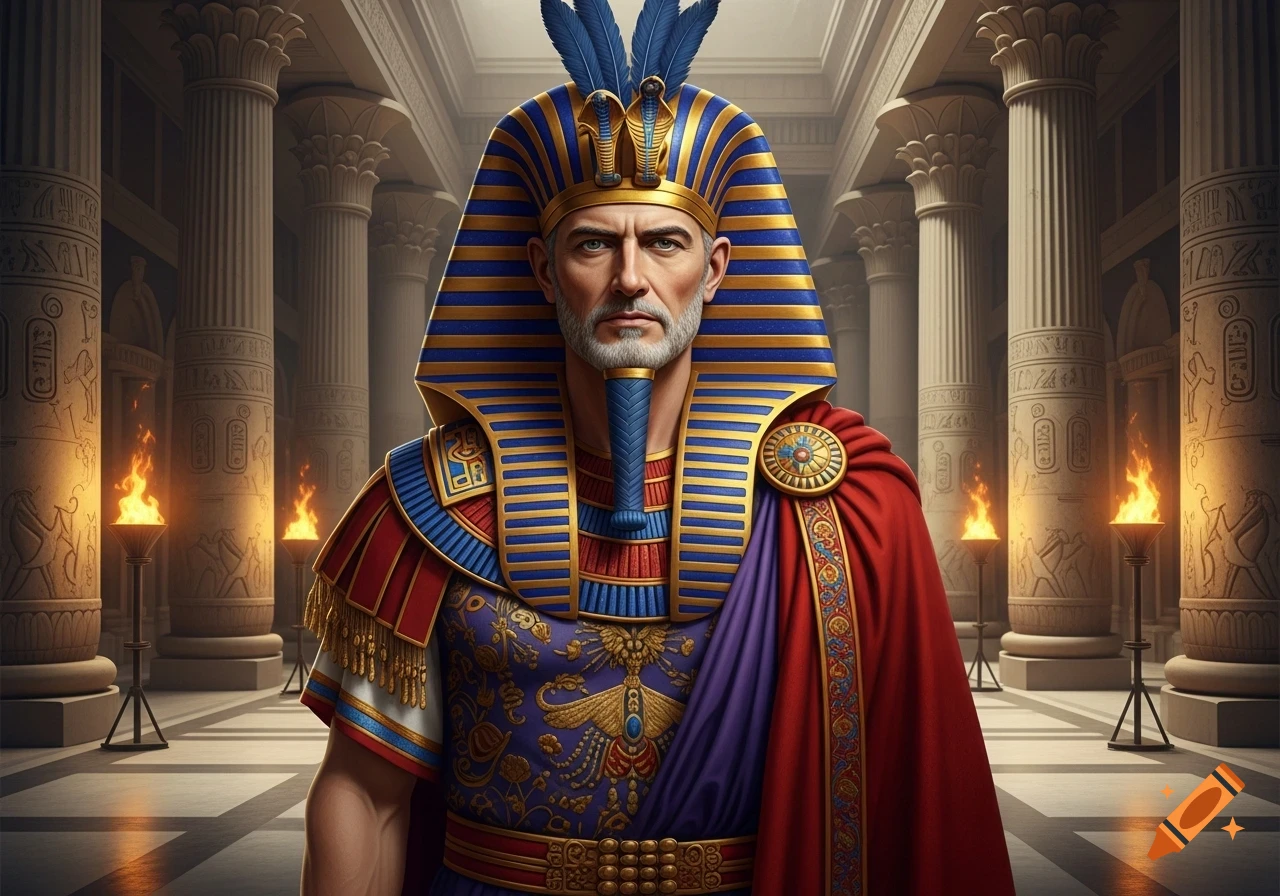 A man with a gray beard, dressed as an ancient Egyptian pharaoh, stands in a temple with ornate columns and burning torches.