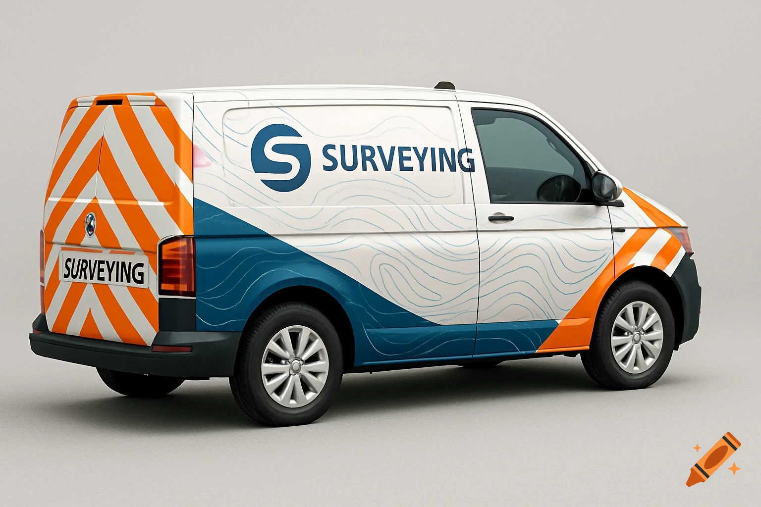 White VW T6.1 van with orange chevron safety markings, blue and white 'S' logo, 'SURVEYING' text, and topographic lines.