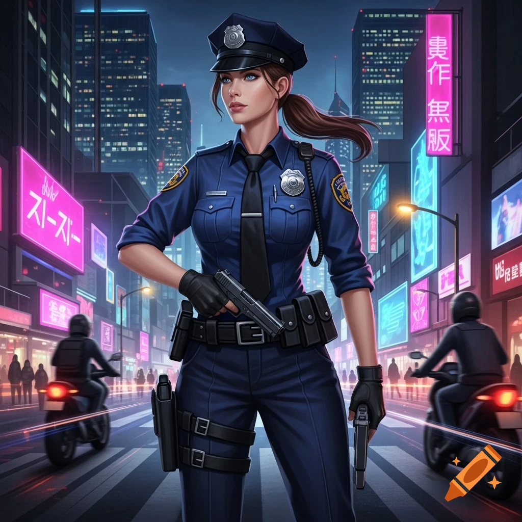 A police woman stands in a neon-lit city street at night, holding two pistols with two bikers in the background. Illustrative style.