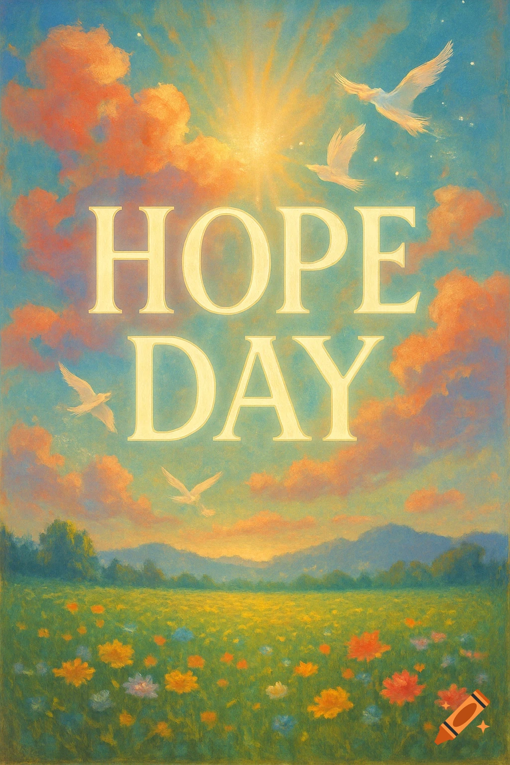 Large 'HOPE DAY' text under a bright sun with birds flying, over a colorful flower field and mountains, in a painterly style.