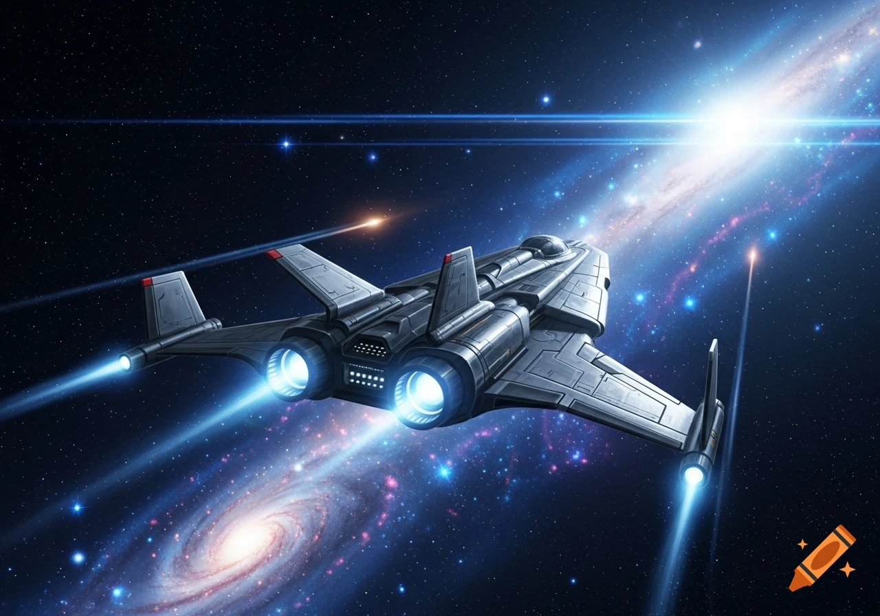 A detailed futuristic spaceship with glowing blue engines flies through a vibrant galaxy filled with stars and nebulae.