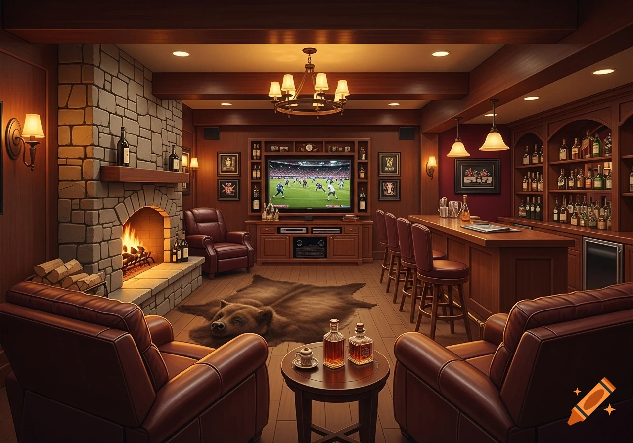 Cozy man cave with a stone fireplace, large TV showing football, a full bar, and leather armchairs.